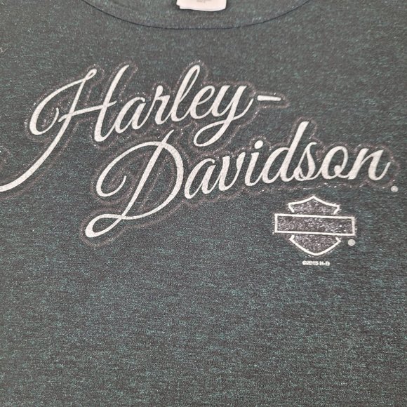HARLEY-DAVIDSON T-Shirt Womens Sz Small (WITH CUT SLEEVES!) Black Green Glittery - Picture 2 of 10